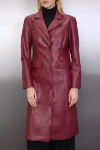 TRENDYOLMİLLA Burgundy Faux Leather Mono Closure Regular LONG Overcoat - Image 5