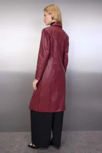 TRENDYOLMİLLA Burgundy Faux Leather Mono Closure Regular LONG Overcoat - Image 6