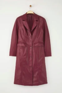 TRENDYOLMİLLA Burgundy Faux Leather Mono Closure Regular LONG Overcoat - Image 7
