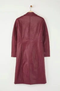 TRENDYOLMİLLA Burgundy Faux Leather Mono Closure Regular LONG Overcoat - Image 8