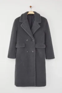 TRENDYOLMİLLA Anthracite FURRY Double breasted Regular LONG Plush Overcoat - Image 9