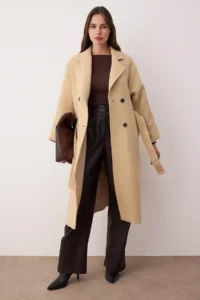 TRENDYOLMİLLA Mink Accessory Detailed Double breasted Oversized LONG Bowl Overcoat - Image 2