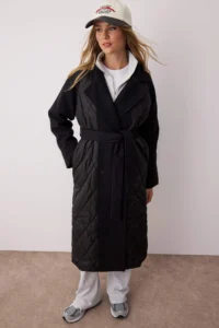 TRENDYOLMİLLA Black Quilted Detailed Double breasted Oversized LONG Overcoat