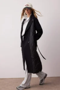TRENDYOLMİLLA Black Quilted Detailed Double breasted Oversized LONG Overcoat - Image 4
