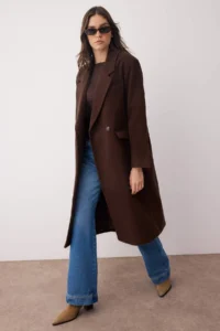 TRENDYOLMİLLA Brown Mono Closure Oversized Woolly LONG Bowl Overcoat - Image 4