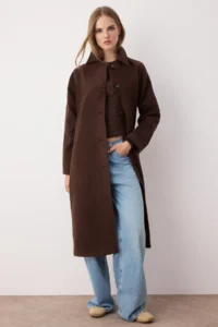 TRENDYOLMİLLA TRENDYOLMiLLA Wardrobe Essentials Brown Mono Closure Oversized LONG Bowl Overcoat - Image 2