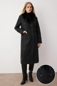 TRENDYOLMİLLA Anthracite Collar removable FURRY Diagonel Double breasted Oversized LONG Bowl Overcoat - Image 2