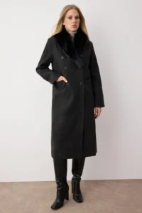 TRENDYOLMİLLA Anthracite Collar removable FURRY Diagonel Double breasted Oversized LONG Bowl Overcoat - Image 3