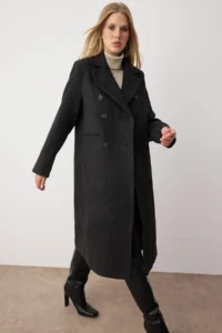 TRENDYOLMİLLA Anthracite Collar removable FURRY Diagonel Double breasted Oversized LONG Bowl Overcoat - Image 6