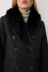 TRENDYOLMİLLA Anthracite Collar removable FURRY Diagonel Double breasted Oversized LONG Bowl Overcoat - Image 7