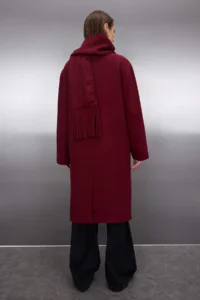 TRENDYOLMİLLA Burgundy Shawl Detailed Mono Closure Oversized LONG Bowl Overcoat - Image 5