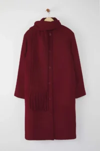 TRENDYOLMİLLA Burgundy Shawl Detailed Mono Closure Oversized LONG Bowl Overcoat - Image 6
