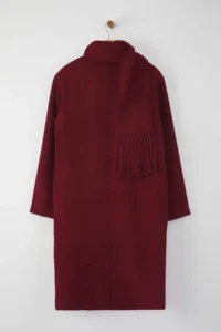 TRENDYOLMİLLA Burgundy Shawl Detailed Mono Closure Oversized LONG Bowl Overcoat - Image 8