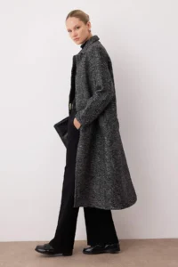 TRENDYOLMİLLA Anthracite herringbone Mono Closure Fitted Maxi Woolly Bowl Overcoat