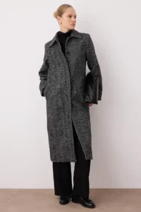 TRENDYOLMİLLA Anthracite herringbone Mono Closure Fitted Maxi Woolly Bowl Overcoat - Image 2