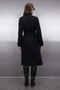 TRENDYOLMİLLA Black High Neck Diagonel Double breasted Fitted Woolly LONG Bowl Overcoat - Image 2