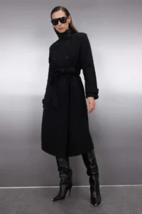 TRENDYOLMİLLA Black High Neck Diagonel Double breasted Fitted Woolly LONG Bowl Overcoat - Image 4