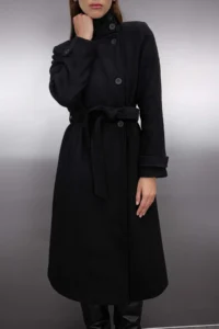 TRENDYOLMİLLA Black High Neck Diagonel Double breasted Fitted Woolly LONG Bowl Overcoat - Image 5