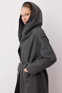 TRENDYOLMİLLA Gray Hooded Arched without closure Soft textured Oversized LONG Bowl Overcoat - Image 2