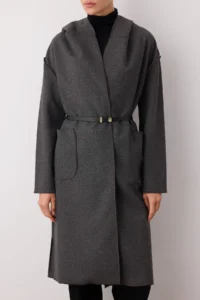 TRENDYOLMİLLA Gray Hooded Arched without closure Soft textured Oversized LONG Bowl Overcoat - Image 3