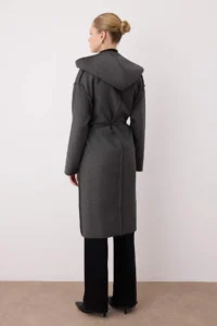 TRENDYOLMİLLA Gray Hooded Arched without closure Soft textured Oversized LONG Bowl Overcoat - Image 4