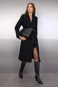 TRENDYOLMİLLA Black Leather Arched Diagonel Patterned Mono Closure Regular Midi Bowl Overcoat - Image 2