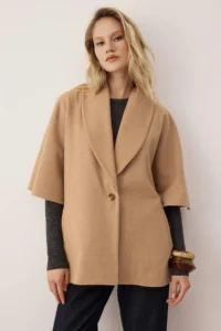 TRENDYOLMİLLA Beige Non-Body Mono Closure Oversized Midi Bowl Overcoat - Image 2