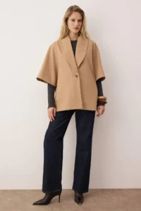 TRENDYOLMİLLA Beige Non-Body Mono Closure Oversized Midi Bowl Overcoat - Image 3