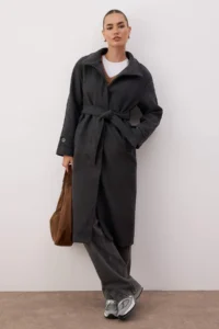 TRENDYOLMİLLA Anthracite High Neck Mono Closure Oversized LONG Bowl Overcoat