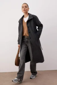 TRENDYOLMİLLA Anthracite High Neck Mono Closure Oversized LONG Bowl Overcoat - Image 2