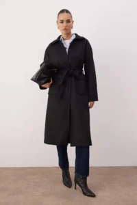 TRENDYOLMİLLA Black Pocket Detail Belted LONG Oversized Bowl Overcoat - Image 2