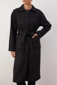 TRENDYOLMİLLA Black Pocket Detail Belted LONG Oversized Bowl Overcoat - Image 3
