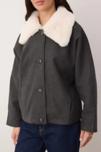 TRENDYOLMİLLA Anthracite Oversized Faux Fur Collared Short Oversized Bowl Overcoat - Image 4