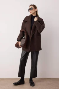 TRENDYOLMİLLA Brown Oversized Diagonel Mono Closure Midi Bowl Overcoat