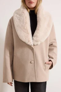 TRENDYOLMİLLA Ecru Regular Pattern Faux Fur Collar Detailed Midi Bowl Overcoat - Image 4
