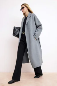TRENDYOLMİLLA Gray 100% Woolly Handmade tied up Oversized LONG Overcoat - Image 2