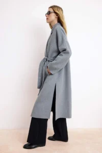 TRENDYOLMİLLA Gray 100% Woolly Handmade tied up Oversized LONG Overcoat - Image 3