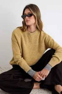 TRENDYOLMİLLA Oil Green Wide Pattern Special Thread Knitwear Sweater