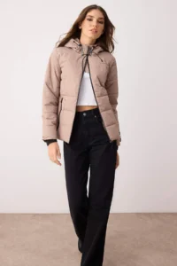 TRENDYOLMİLLA Beige Regular Pattern Hooded Water Repellent Puffer Jacket Coat - Image 2