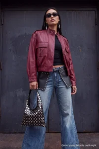 TRENDYOLMİLLA Burgundy Oversized Pattern Faux Leather Bomber Jacket Thin Jacket Coat - Image 2
