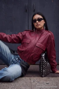 TRENDYOLMİLLA Burgundy Oversized Pattern Faux Leather Bomber Jacket Thin Jacket Coat - Image 3