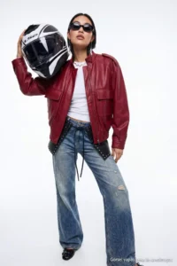 TRENDYOLMİLLA Burgundy Oversized Pattern Faux Leather Bomber Jacket Thin Jacket Coat - Image 5