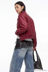 TRENDYOLMİLLA Burgundy Oversized Pattern Faux Leather Bomber Jacket Thin Jacket Coat - Image 7