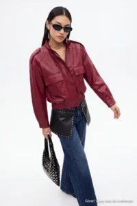 TRENDYOLMİLLA Burgundy Oversized Pattern Faux Leather Bomber Jacket Thin Jacket Coat - Image 8
