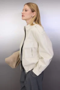 TRENDYOLMİLLA Ecru Oversized Pattern Faux Leather Bomber Jacket Thin Jacket Coat - Image 2