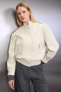 TRENDYOLMİLLA Ecru Oversized Pattern Faux Leather Bomber Jacket Thin Jacket Coat - Image 3