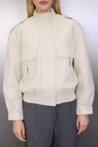 TRENDYOLMİLLA Ecru Oversized Pattern Faux Leather Bomber Jacket Thin Jacket Coat - Image 4