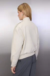TRENDYOLMİLLA Ecru Oversized Pattern Faux Leather Bomber Jacket Thin Jacket Coat - Image 5