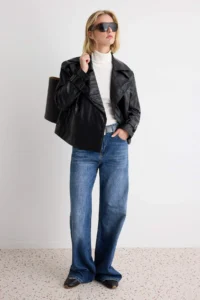 TRENDYOLMİLLA Black Regular Pattern Faux Leather Biker Thin Jacket Coat - Image 2