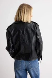 TRENDYOLMİLLA Black Regular Pattern Faux Leather Biker Thin Jacket Coat - Image 5